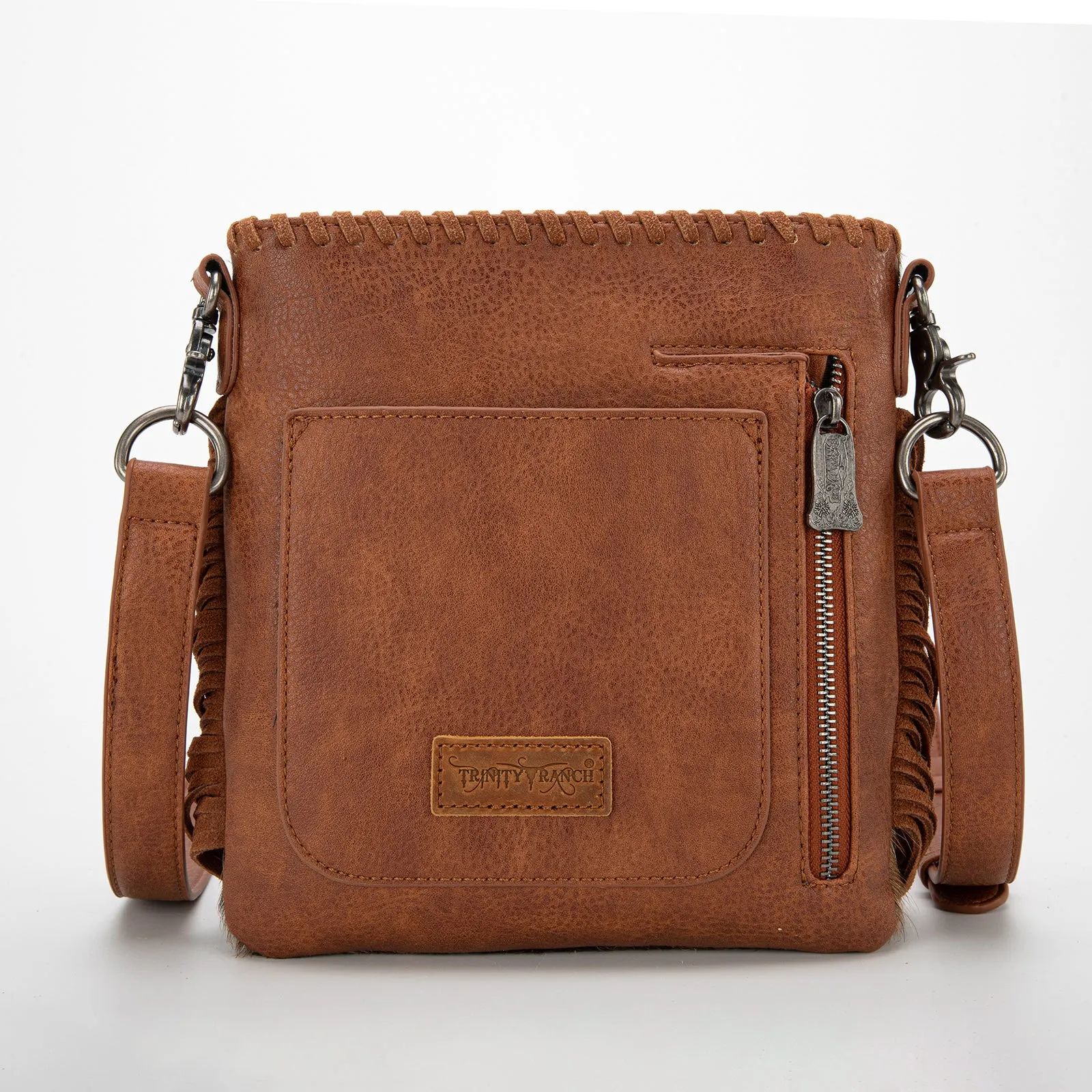 TR162G-2001   Trinity Ranch Hair-On Cowhide Fringe Concealed Carry Crossbody Bag - Brown