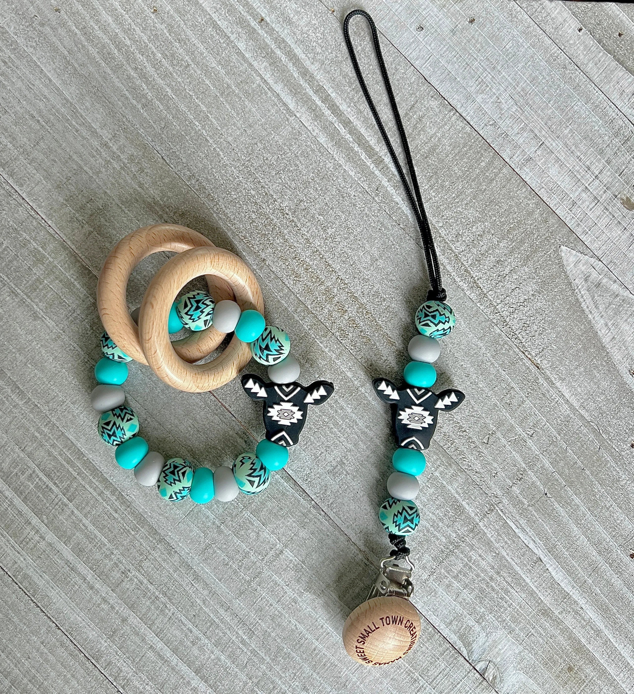 Turquoise/Gray Aztec Cow Teether Bundle