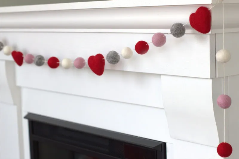 Valentine's Day Felt Ball & Heart Garland- Red, Gray, Baby Pink, White