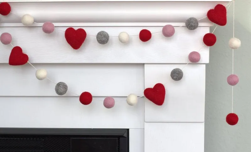 Valentine's Day Felt Ball & Heart Garland- Red, Gray, Baby Pink, White