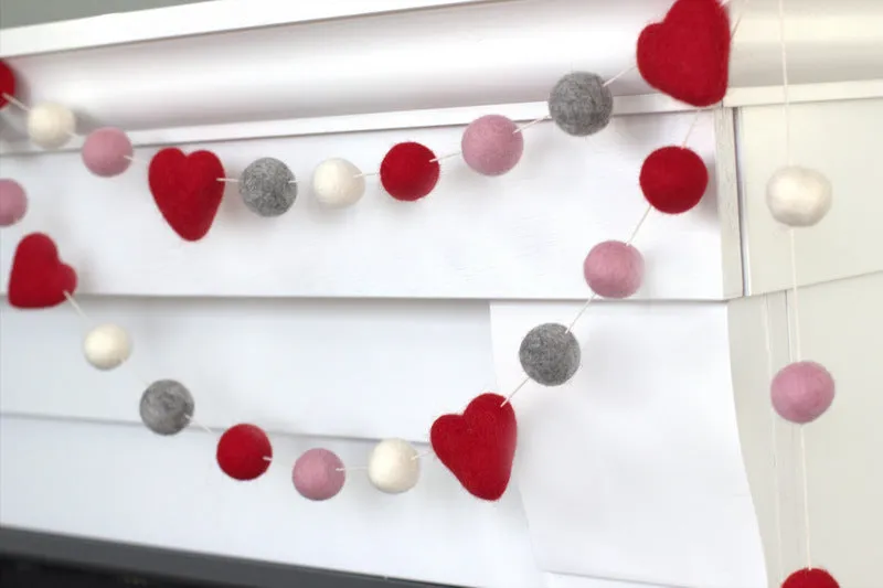 Valentine's Day Felt Ball & Heart Garland- Red, Gray, Baby Pink, White