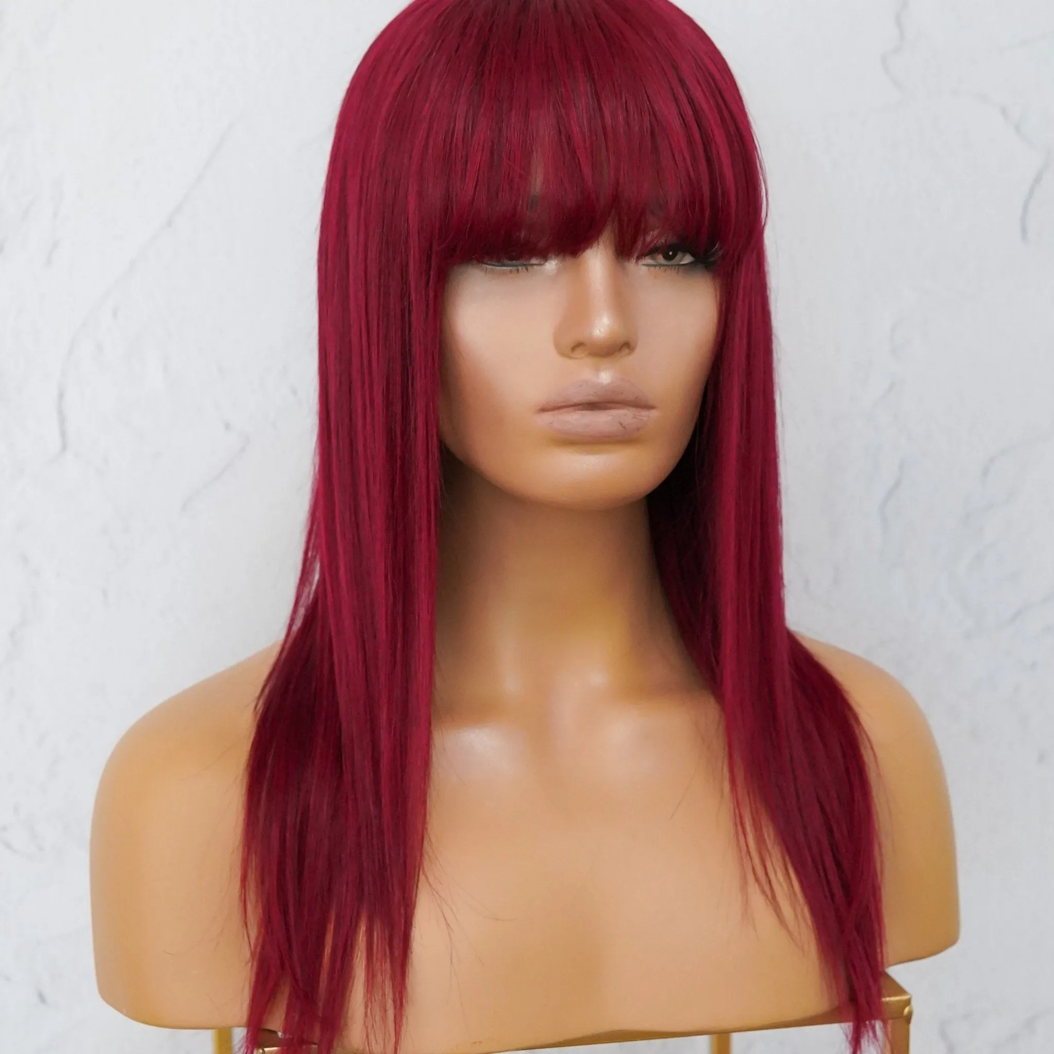 VICTORIA Burgundy Red Human Hair Fringe Wig