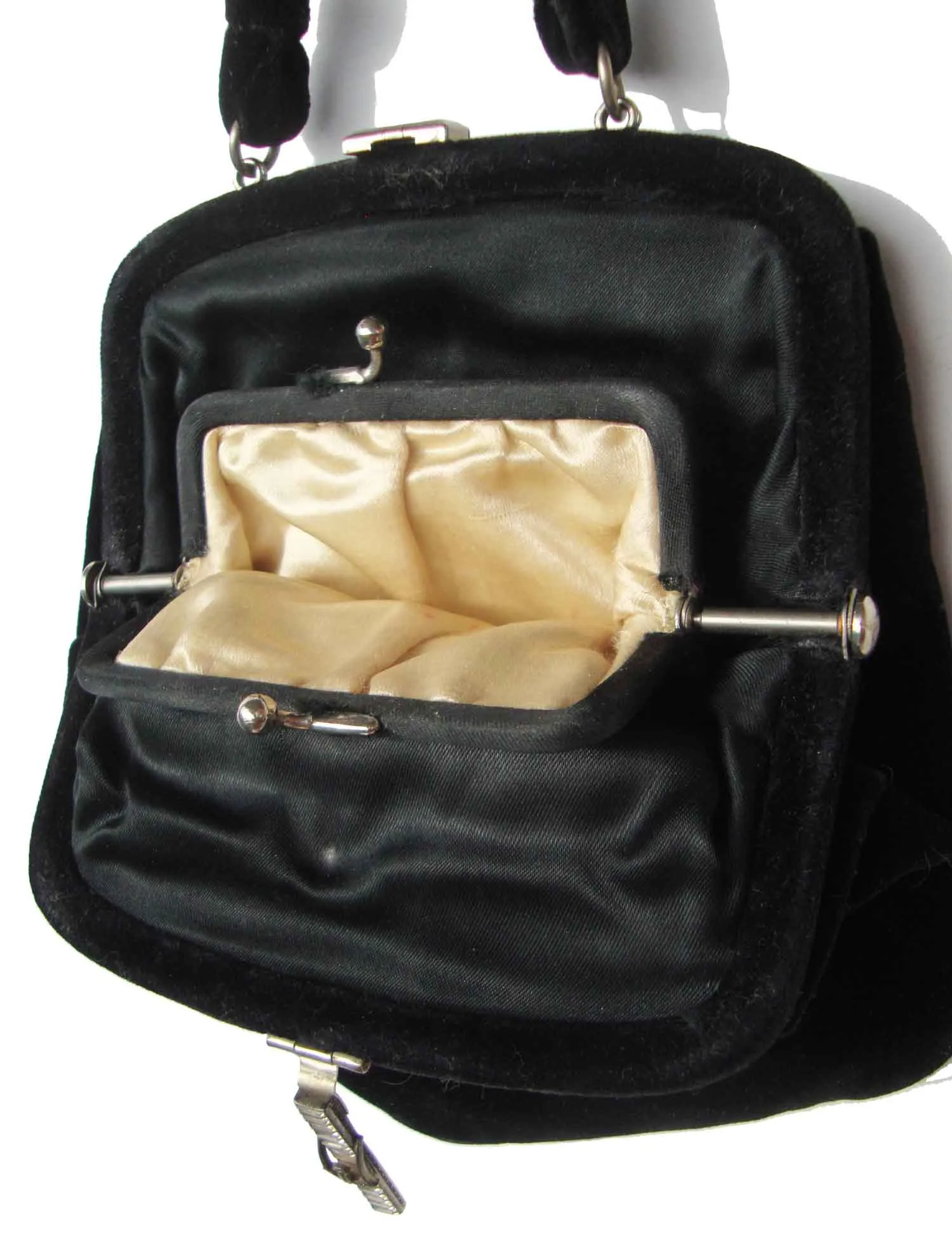 Vintage 30s Black Velvet Cocktail Bag & Coin Purse with Rhinestone Novelty Clasp