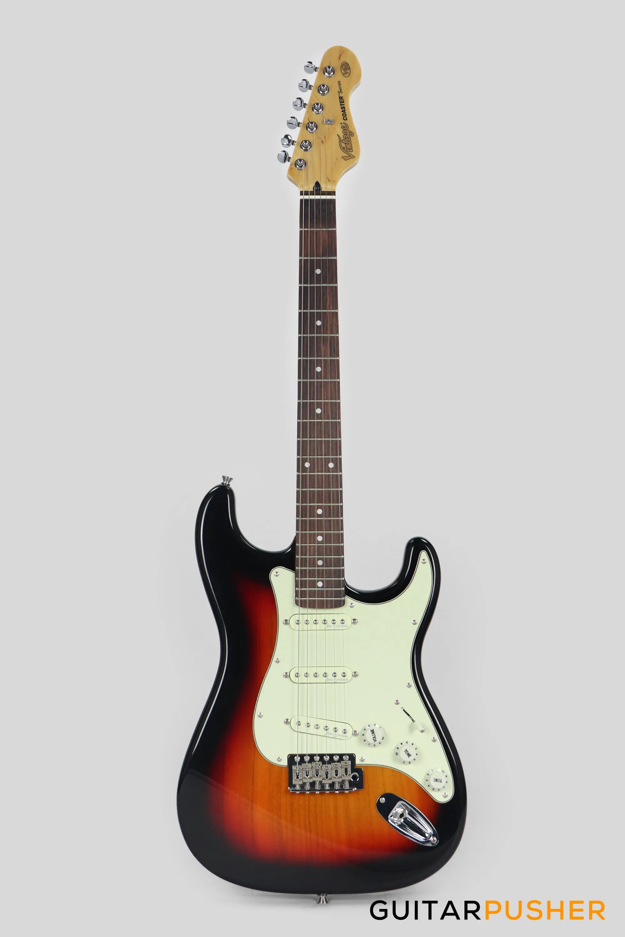 Vintage Coaster Series V60 S-Style Electric Guitar w/ Kinsman 10-Watt Amplifier, Gig Bag, & Accessories - 3-Tone Sunburst