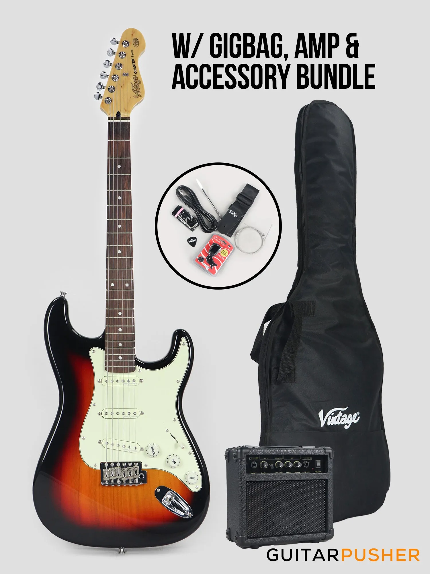 Vintage Coaster Series V60 S-Style Electric Guitar w/ Kinsman 10-Watt Amplifier, Gig Bag, & Accessories - 3-Tone Sunburst