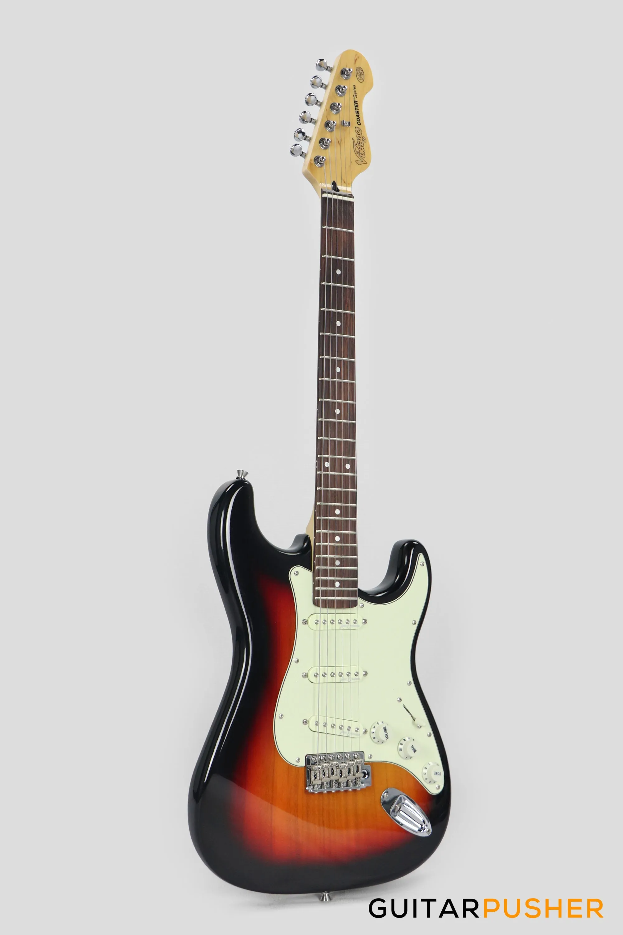 Vintage Coaster Series V60 S-Style Electric Guitar w/ Kinsman 10-Watt Amplifier, Gig Bag, & Accessories - 3-Tone Sunburst