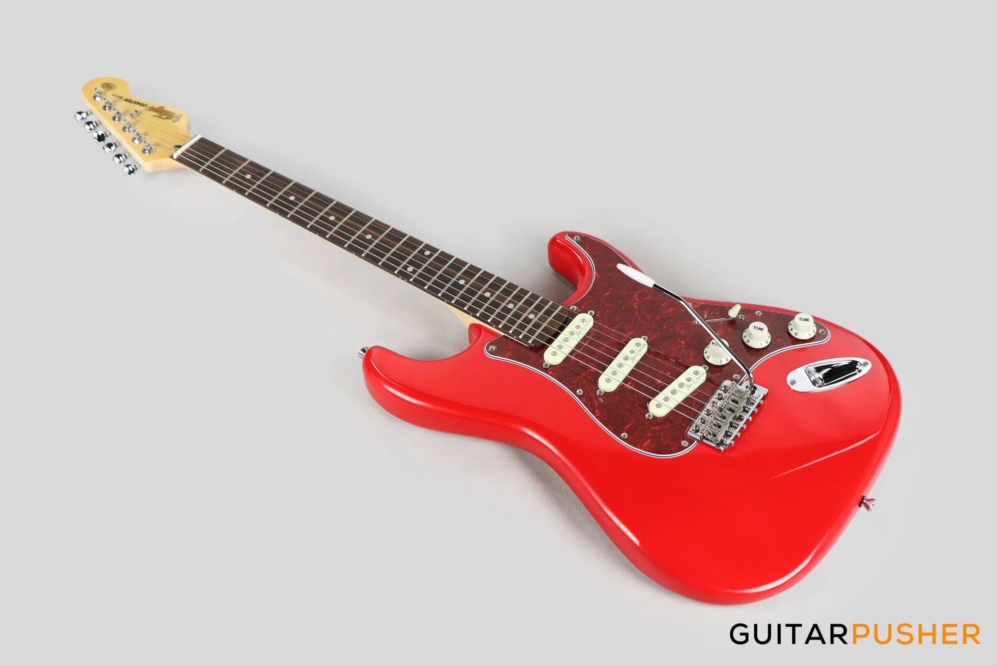 Vintage Coaster Series V60 S-Style Electric Guitar w/ Kinsman 10-Watt Amplifier, Gig Bag, & Accessories - Gloss Red