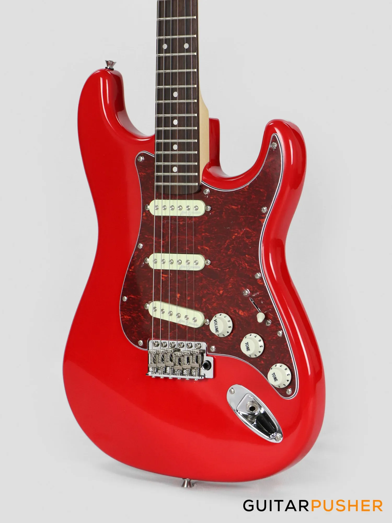 Vintage Coaster Series V60 S-Style Electric Guitar w/ Kinsman 10-Watt Amplifier, Gig Bag, & Accessories - Gloss Red