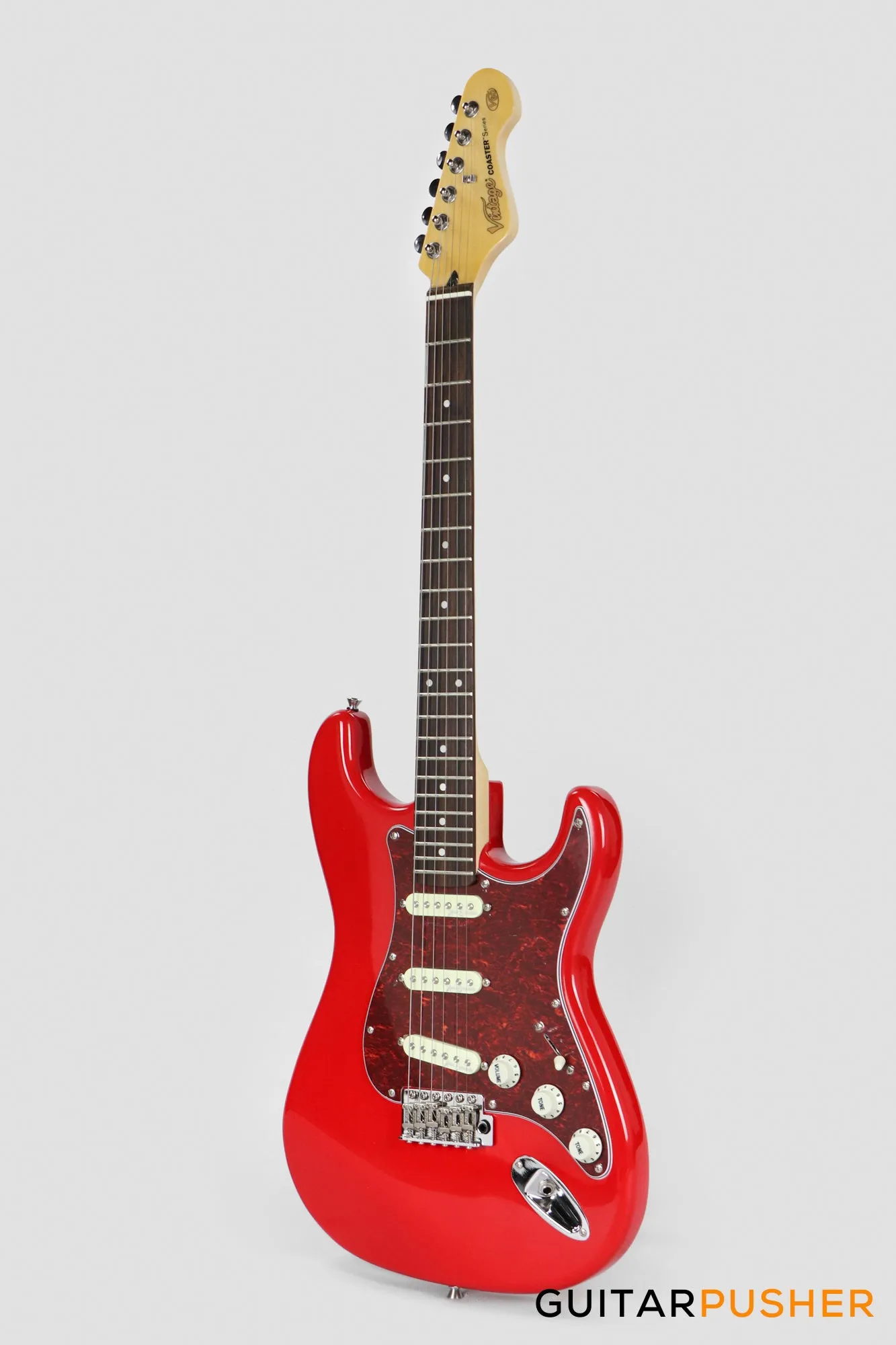 Vintage Coaster Series V60 S-Style Electric Guitar w/ Kinsman 10-Watt Amplifier, Gig Bag, & Accessories - Gloss Red