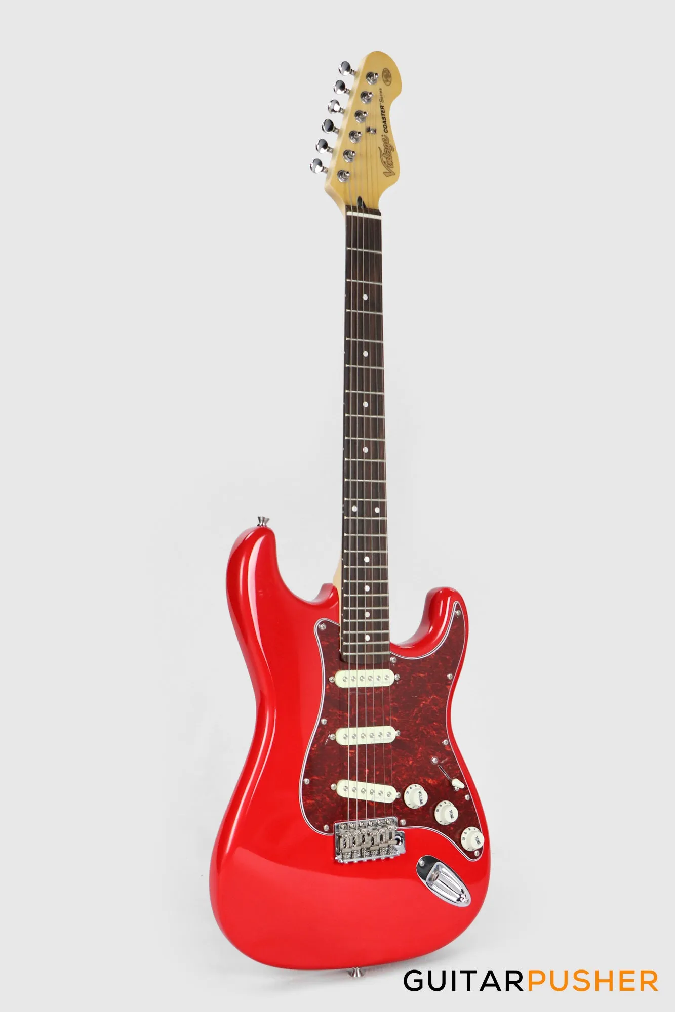 Vintage Coaster Series V60 S-Style Electric Guitar w/ Kinsman 10-Watt Amplifier, Gig Bag, & Accessories - Gloss Red