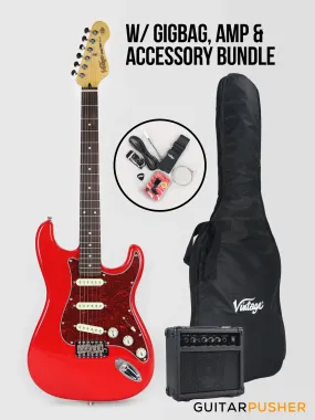 Vintage Coaster Series V60 S-Style Electric Guitar w/ Kinsman 10-Watt Amplifier, Gig Bag, & Accessories - Gloss Red