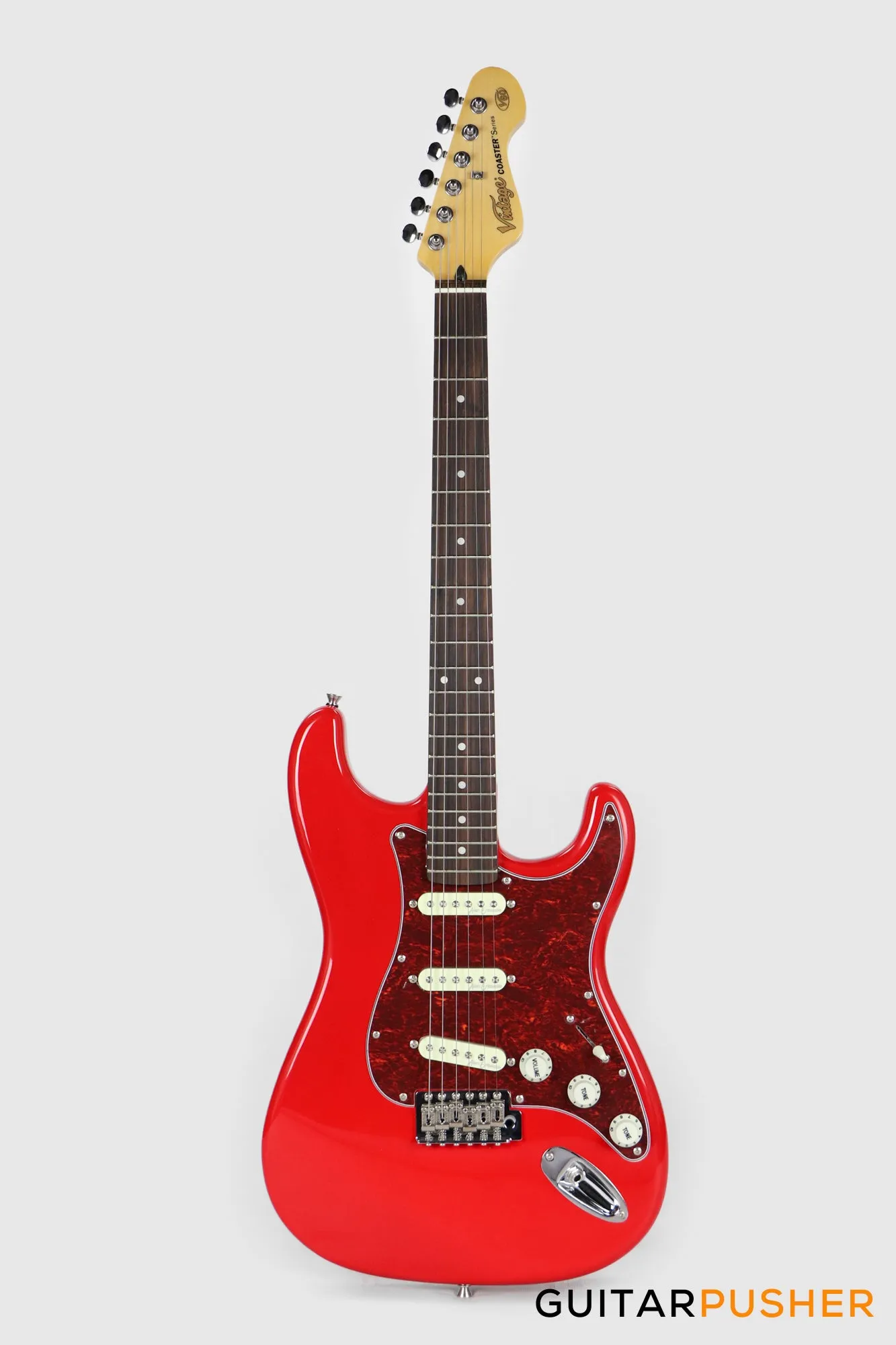 Vintage Coaster Series V60 S-Style Electric Guitar w/ Kinsman 10-Watt Amplifier, Gig Bag, & Accessories - Gloss Red