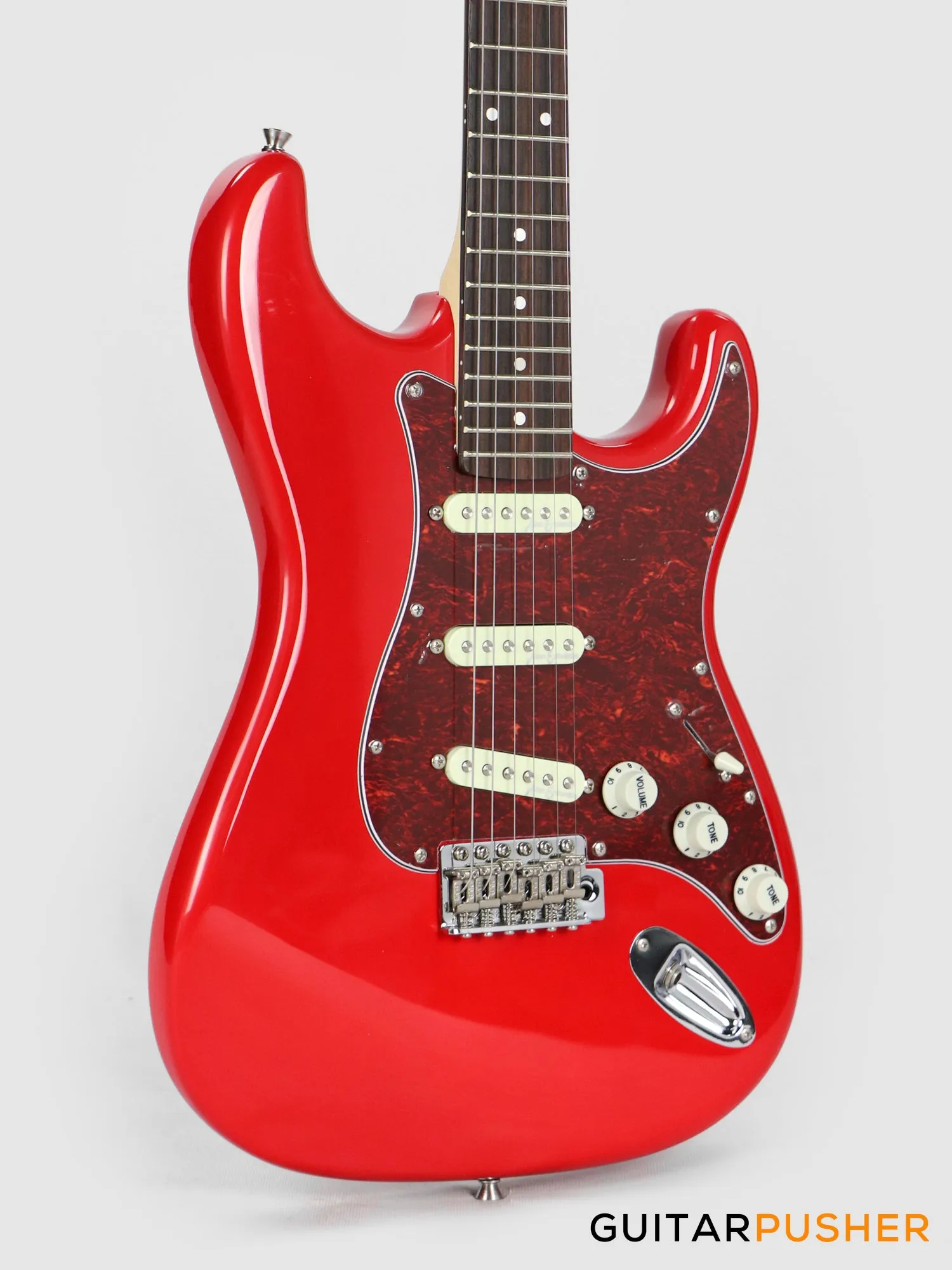 Vintage Coaster Series V60 S-Style Electric Guitar w/ Kinsman 10-Watt Amplifier, Gig Bag, & Accessories - Gloss Red