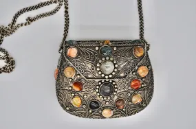 Vintage Sajai Silver Metal Purse Handcraft Genuine Gemstones Agates Crossbody