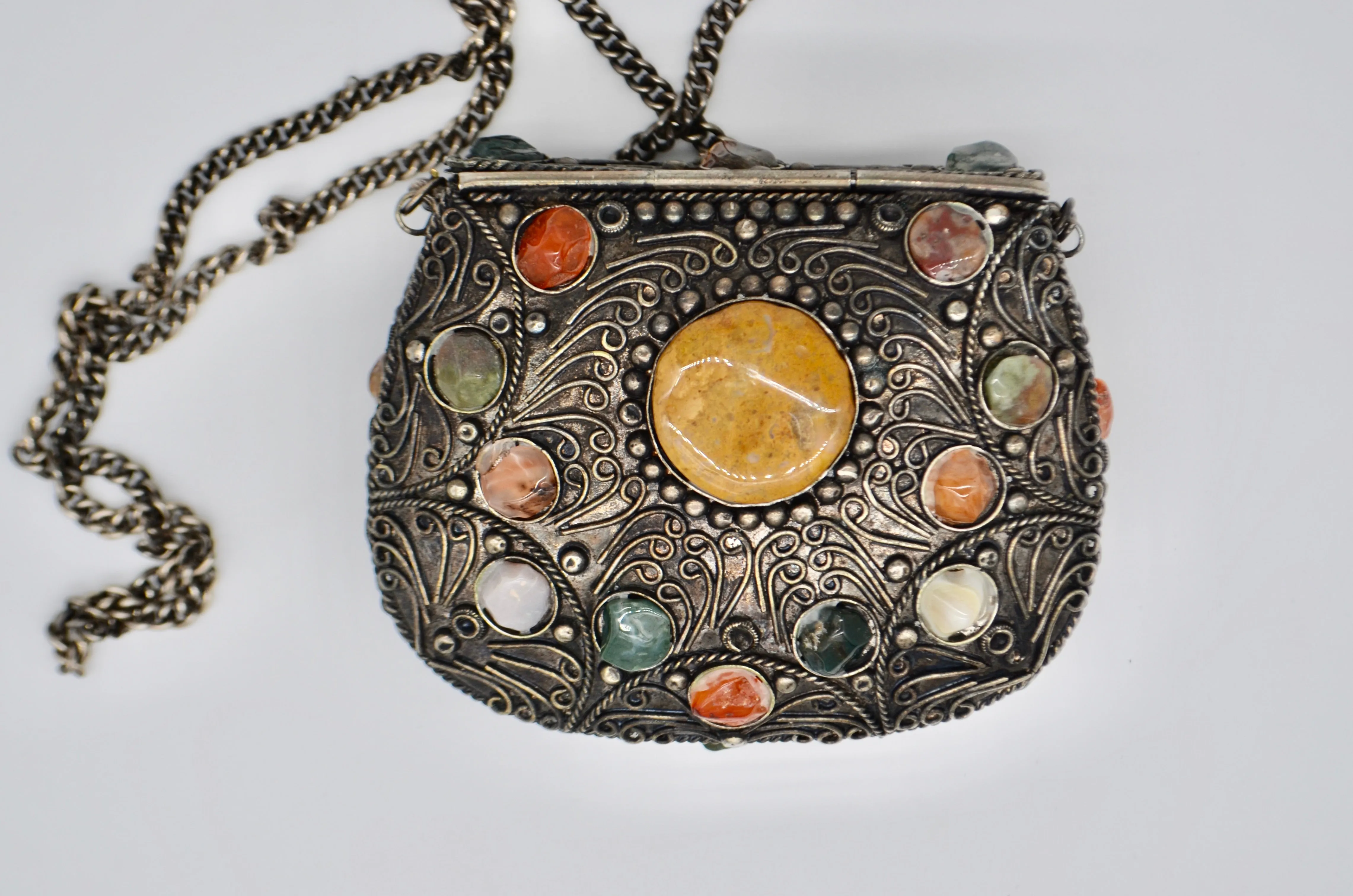 Vintage Sajai Silver Metal Purse Handcraft Genuine Gemstones Agates Crossbody