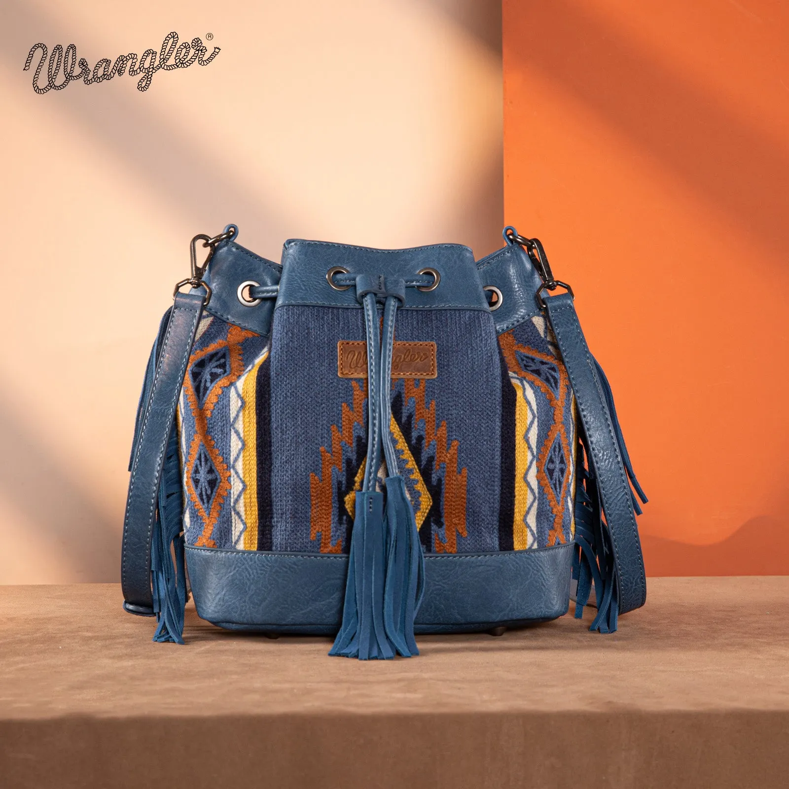 WG174-2029  Wrangler Southwestern Knitted Drawstring Crossbody Bag  -Jean