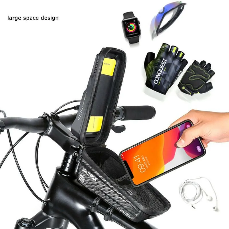 WILD MAN Bicycle Bag Front Waterproof Bike Bag Touch Screen Phone Cases 6.8" Hard Shell Cycling Bag Mtb Accessories