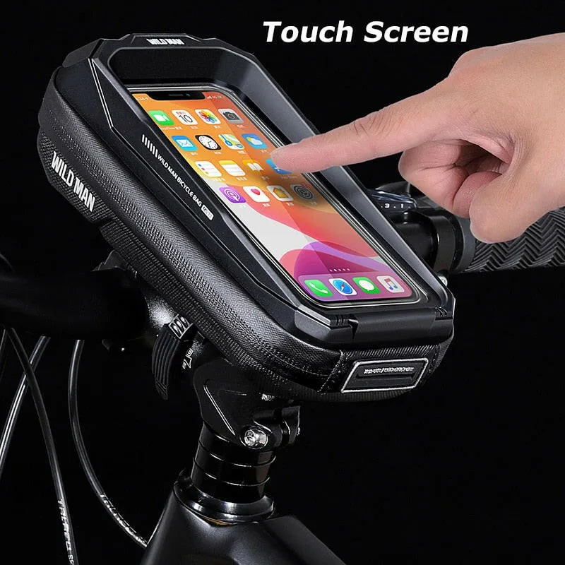 WILD MAN Rainproof Bicycle Top Tube Bag Touch Screen Bike Handlebar Bag Cycling Bag Front Mtb Frame Bag with Sun Visor