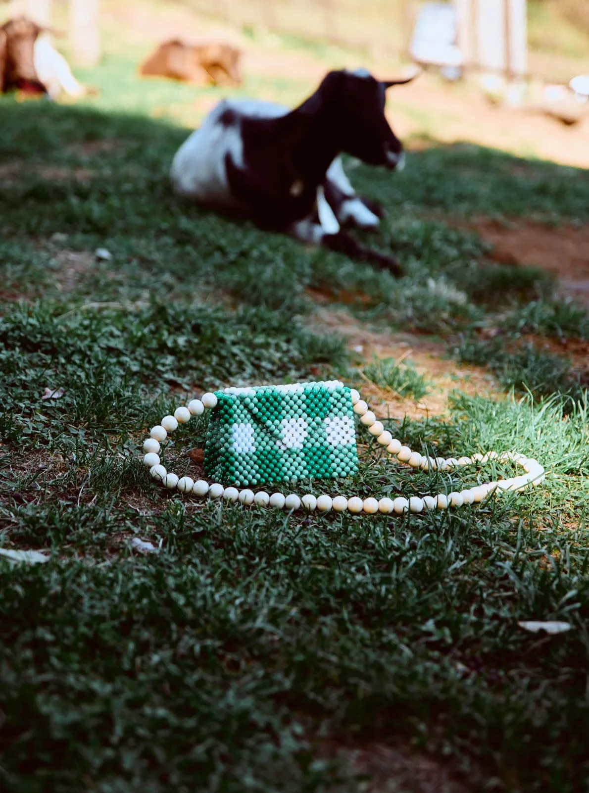 wood ball shoulder bag（green checked）