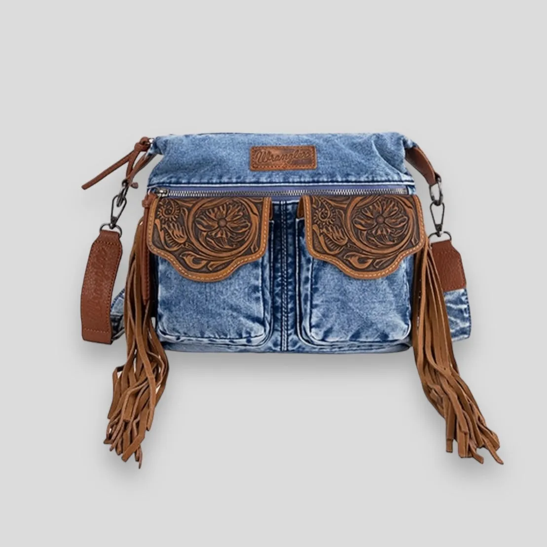 Wrangler Fringe Floral Tooled Denim Crossbody Bag