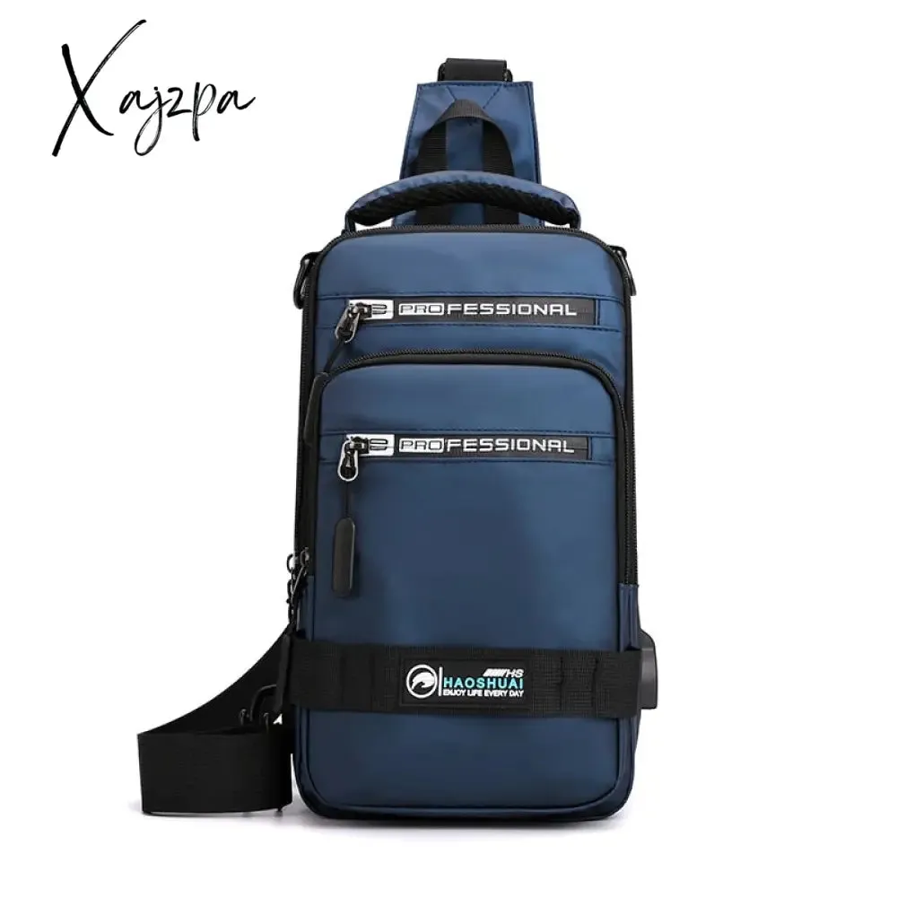 Xajzpa - Men Nylon Rucksack Daypack Messenger Bag with USB Charging Port  Male Fashion Knapsack Backpack Cross body Sling Chest Pack Bag